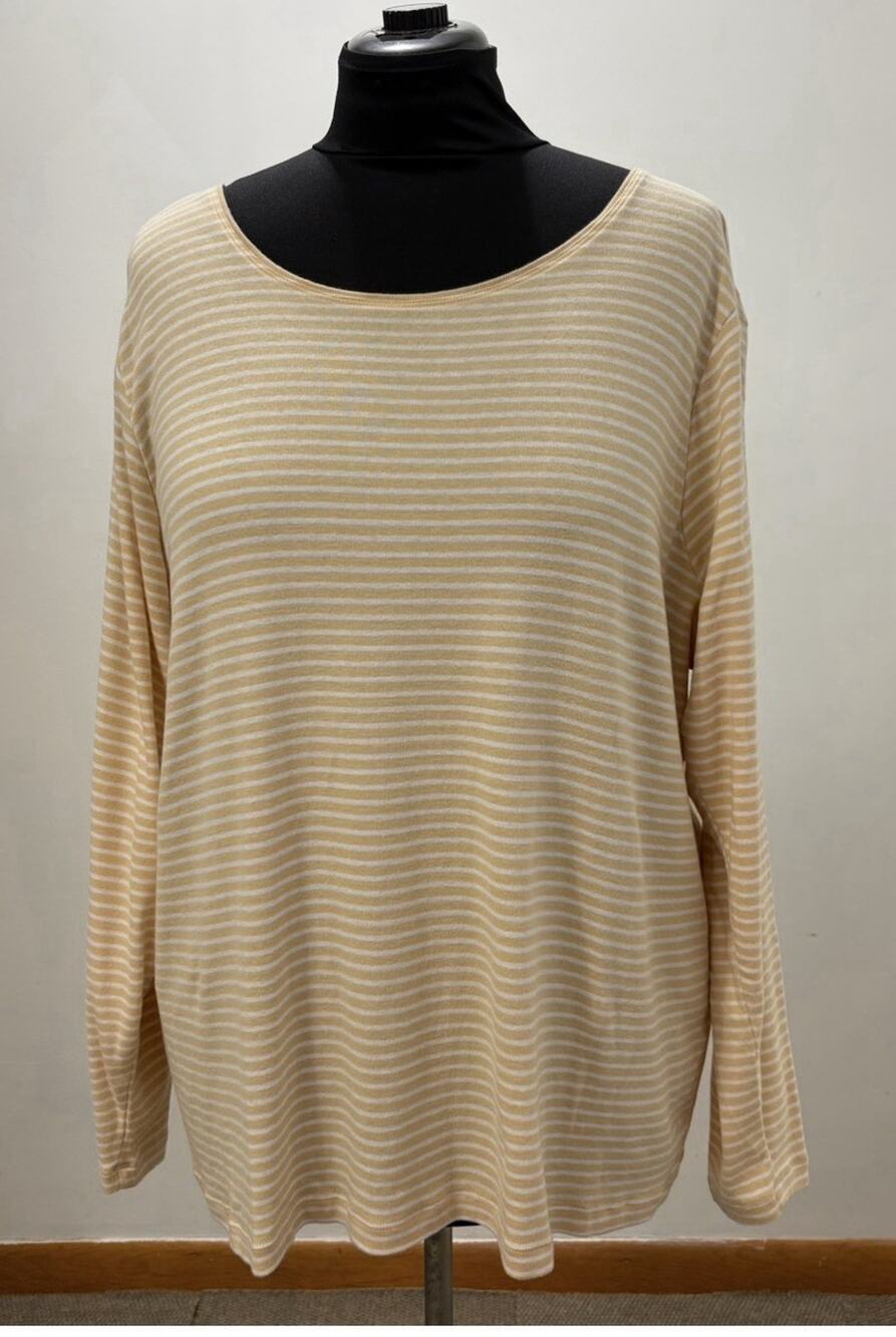 CJ Banks Womens 3X Striped Top Tan Cream Long Sleeve 100% Cotton Plus Size